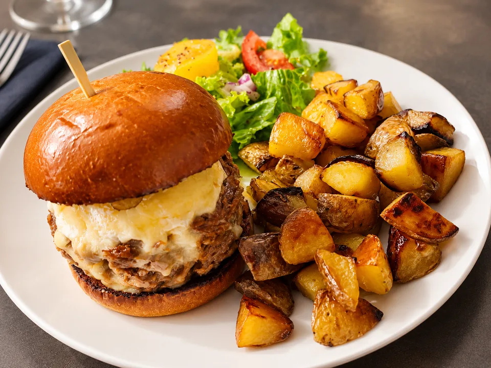 Burger au canard et au Saint-Marcellin, pommes de terre saut&eacute;es et salade, &agrave; La Maison